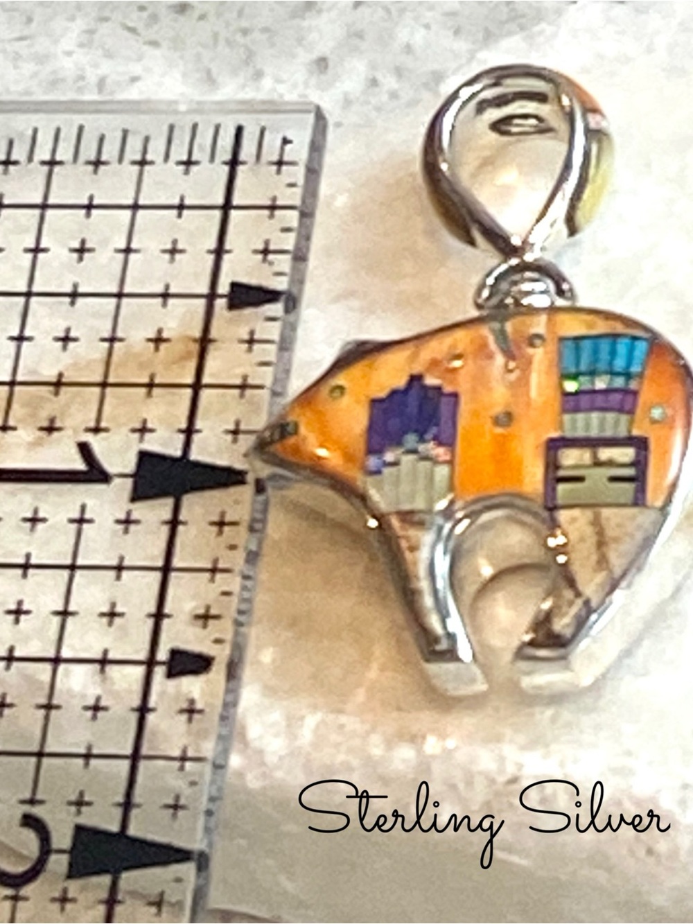 Sterling Silver Micro Inlay Bear Reversible Pendant, Southwestern Style Design - Picture 10 of 11